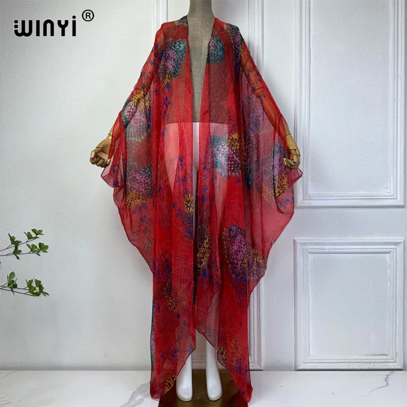 Imagem -02 - Winyi-print Kimono Bikini Cover-ups Boho Maxi Dress Perspective Sexy Loose Holiday Kaftan Vestidos para Mulheres Cardigan de Tamanho Livre Novo