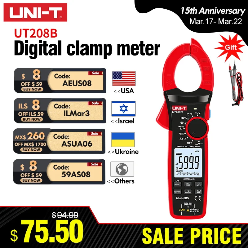 UNI-T True RMS Digital Clamp Meter UT207B UT208B AC DC Current 1000A 1000V Pliers ammeter LPF 6000 Count amperimetric clamp