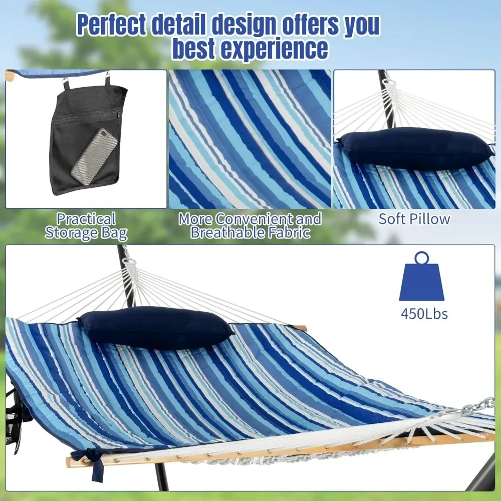 Double Hammock with Stand, 2 Person 12Ft Steel Hammock Stand with Cotton Hammock, Pillow, Cup Holder, Carry Bag, Indoor Outdoor