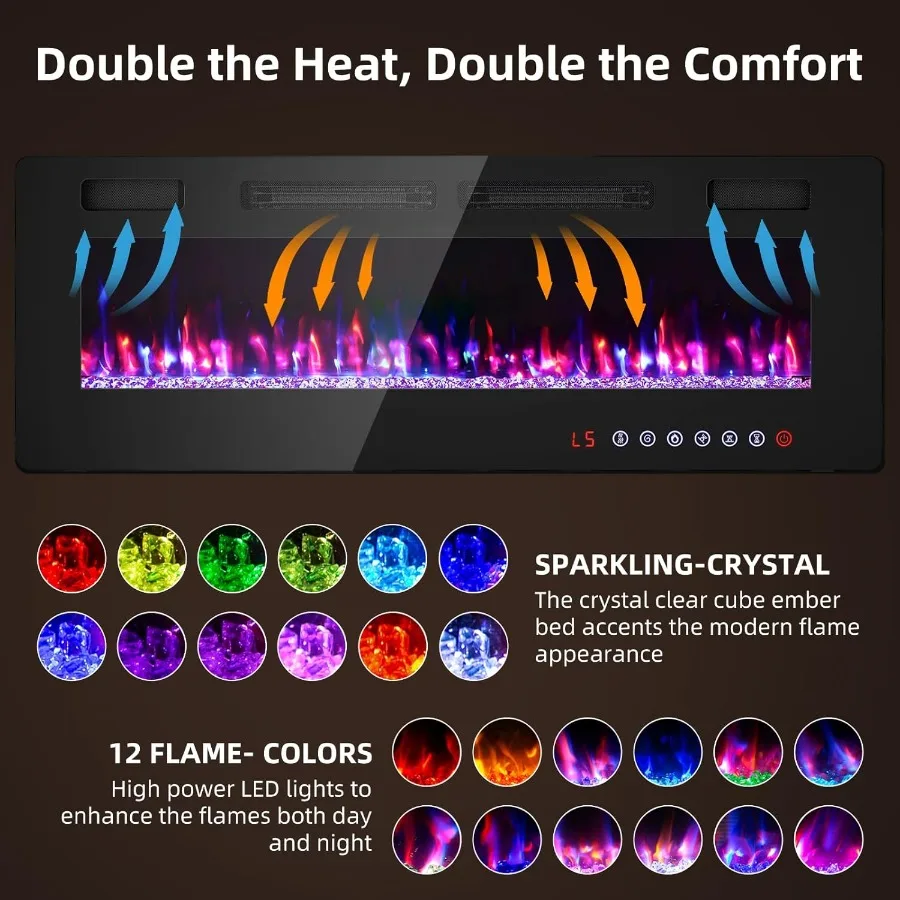 50 inches Electric Fireplace for Living Room Wall Mounted with Remote Control Timer Dimmer 12 Flame Colors 750 1500W Ultra Thin