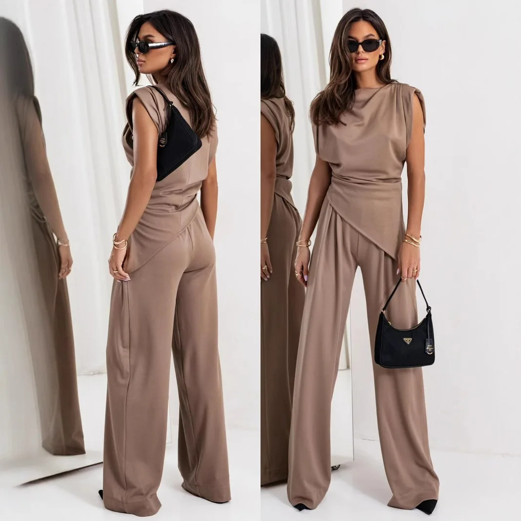 Women's Light Gray Asymmetric Sleeveless Top &wide-Leg Pants Two-Piece Set Elegant Formal Outfit Slim Waist Fashion Party Office