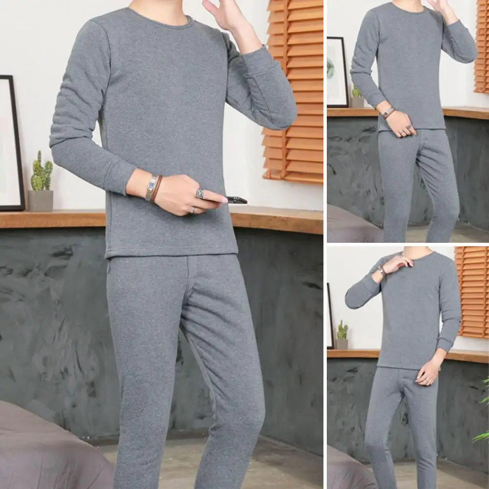 Casual Autumn Clothes Men\'s Winter Thermal Underwear Set with Plush Warmth Slim Fit 2 Pcs Round Neck Long Sleeve for Plus