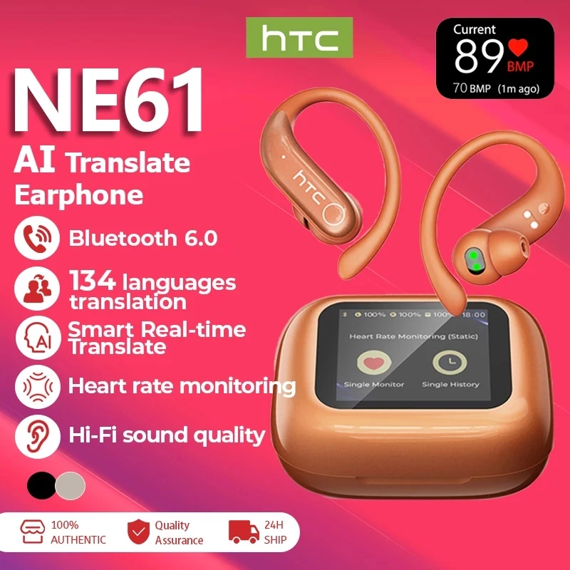Kopfhörer mit Herzfrequenzüberwachung HTC NE61 AI Translate Kabellose Ohrhörer Bluetooth Touchscreen Geräuschunterdrückung mit Mikrofon Ohrstöpsel
