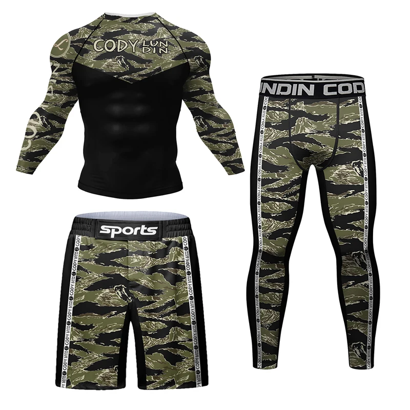 Bokserskie koszulki kompresyjne MMA + spodnie męskie o wysokiej elastyczności BJJ Rashguard Jiu spodenki wysypka straż dresowe koszulki kickboxingowe