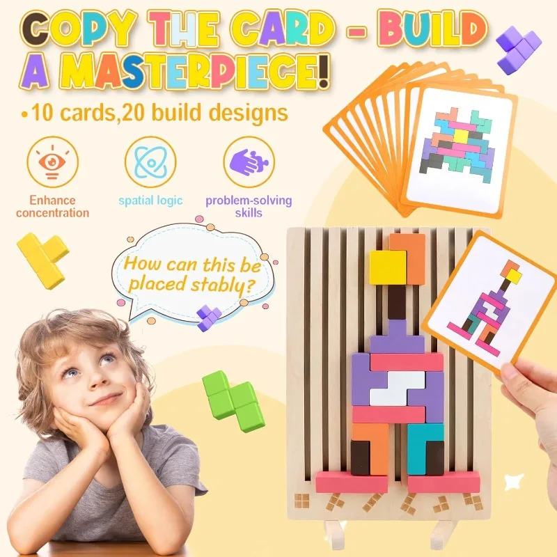 Puzzle impilabili in legno Tetris - Rompicapo Blocchi russi 3D Board STEM Giocattoli Montessori per età 3-12 Regalo per i più piccoli