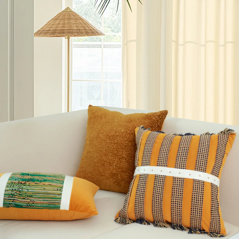 Luxury Plaid Square Bed Cushion Cover Orange Decorative Pillow Covers for Living Room and Hotel Decoration 45x45cm
