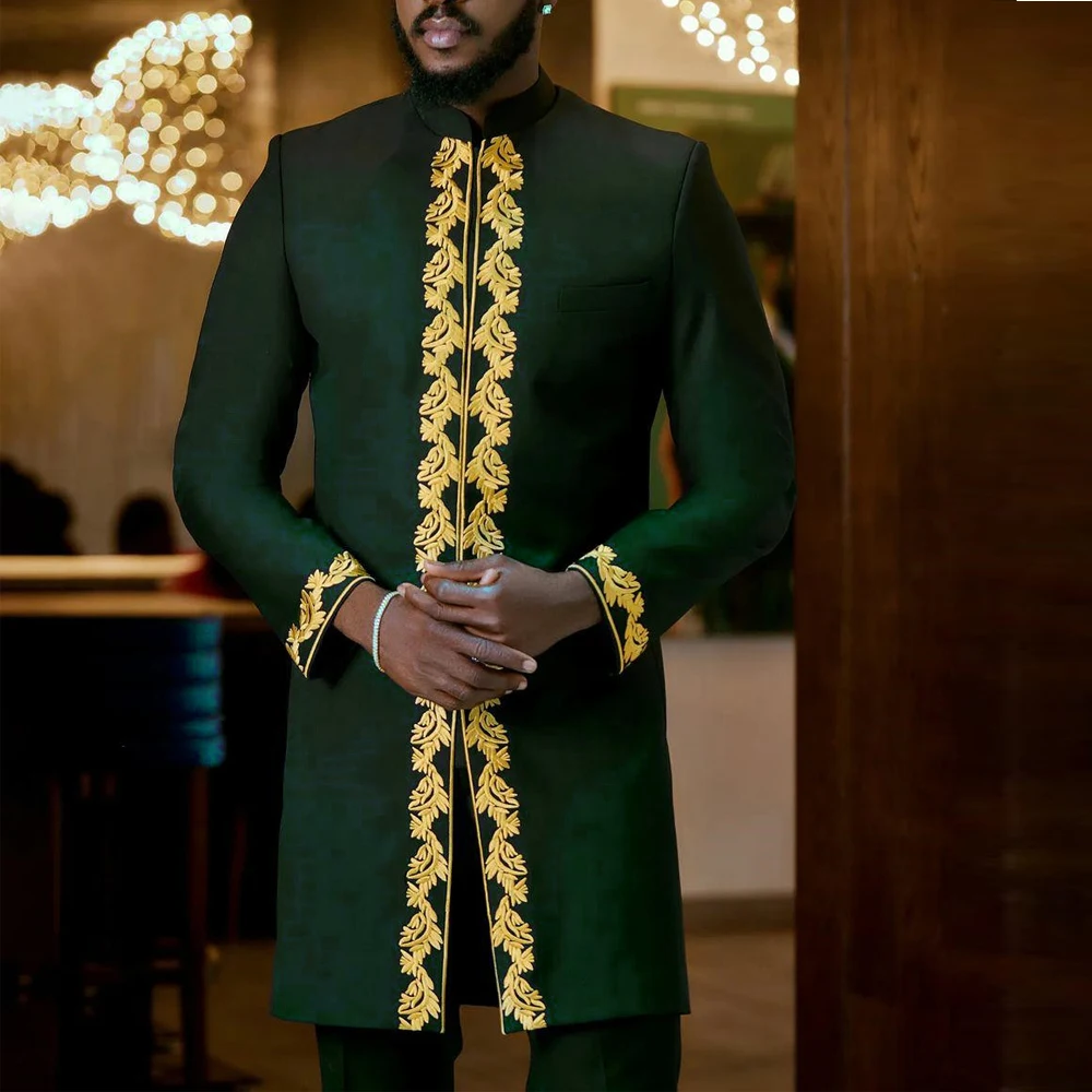 Kaftan 2 peça define roupa masculina bordado de manga comprida calças superiores estilo étnico africano casamento ternos masculinos roupas moda