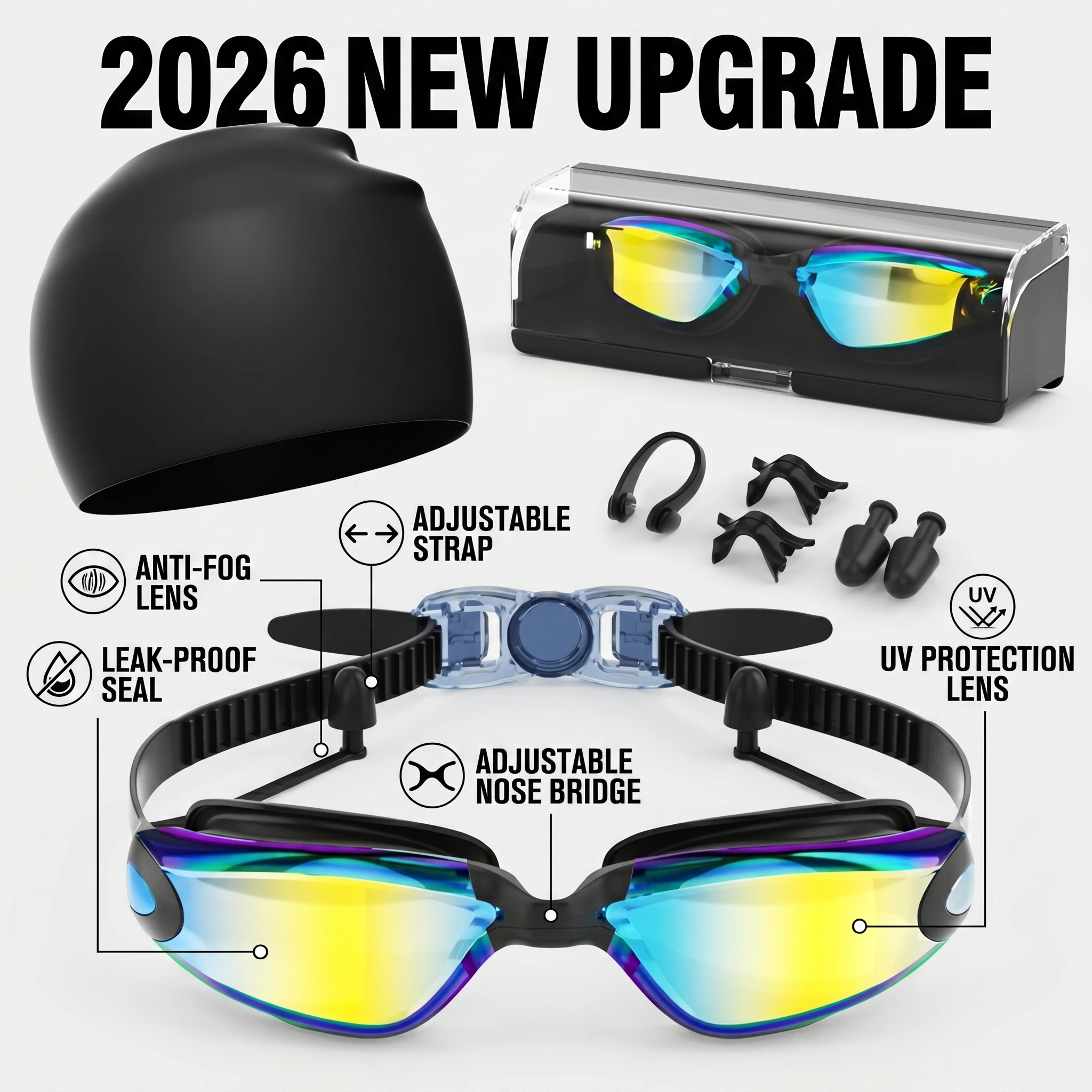 2026 New Upgrade 7 In 1 Swim Goggles + Swim Cap For Men Women,No Leak Anti-Fog & UV, Wide Visio HD Mirror PC Lens