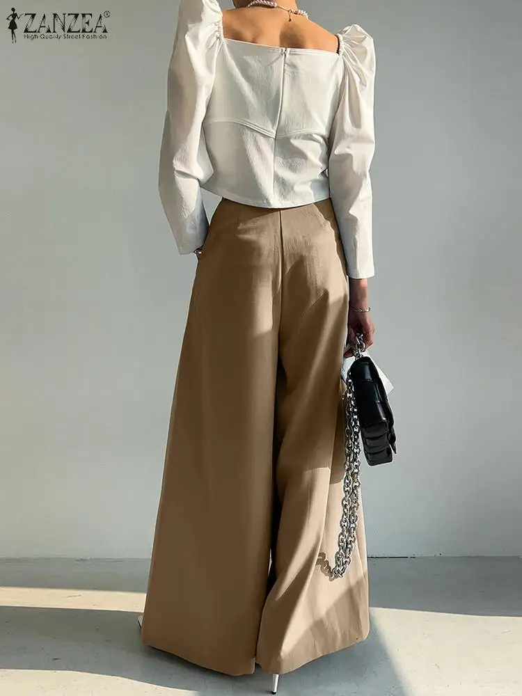 ZANZEA Fashion Women OL Wide Leg Trousers Autumn High Waist Casual Loose Pants Elegant Solid Office Work Long Pantalon Palazzo