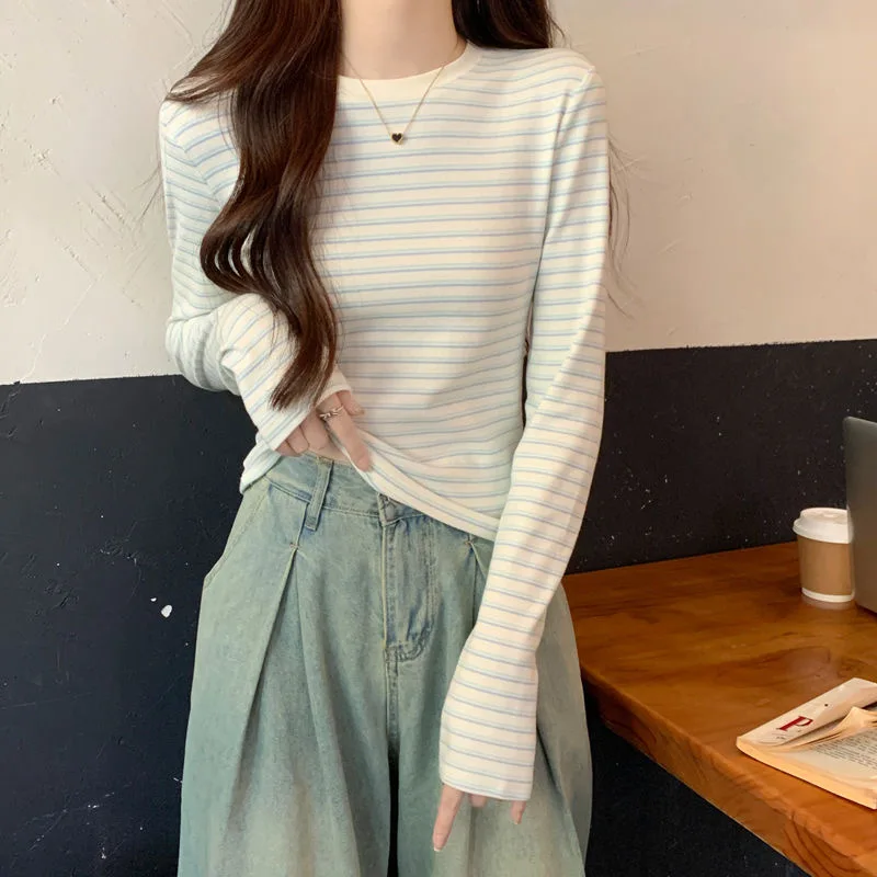 Fashion Women's Striped Long Sleeve T-shirt Korean Casual Round Neck Slim Pullover Autumn New Versatile Base Shirts Top
