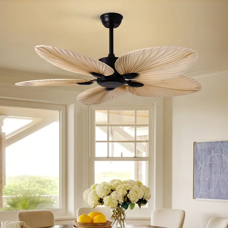 ‌Natural Palm Leaf Ceiling Fan Modern Organic 52 Inch with Remote Control Smart Ready for Living Room Bedroom Energy Saving