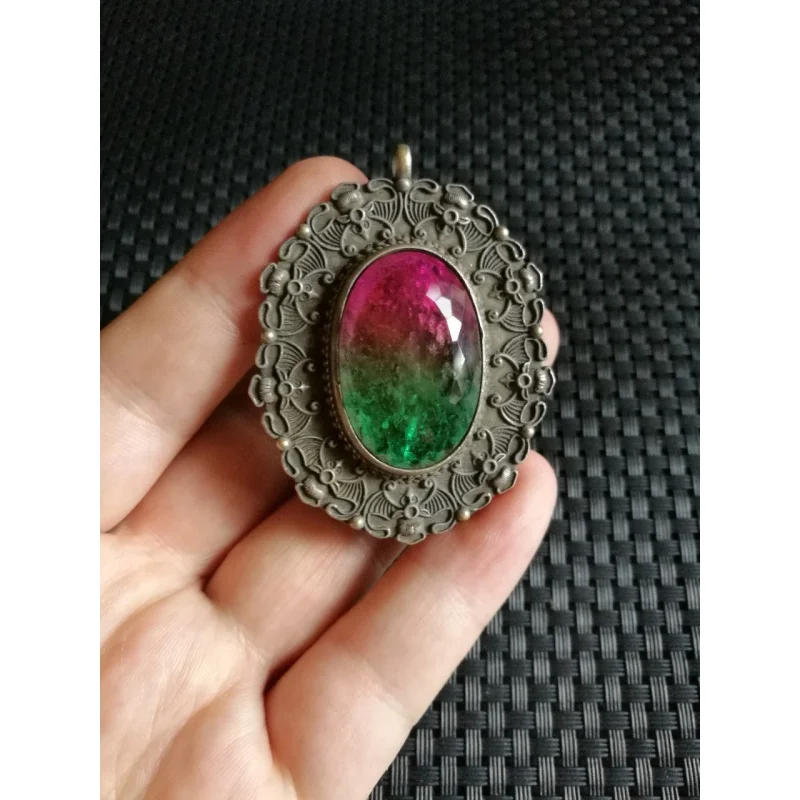 Collection Carved Old Silver Inlaid Two-Color Tourmaline Colorful NecklacePendant