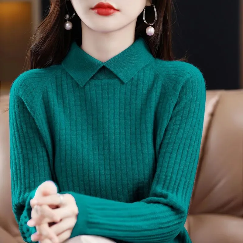 

2024 New Autumn Winter Pullover Sweater For Women's Solid Color POLO Collar Long Sleeved Knitwear Versatile Knit Base Sweater