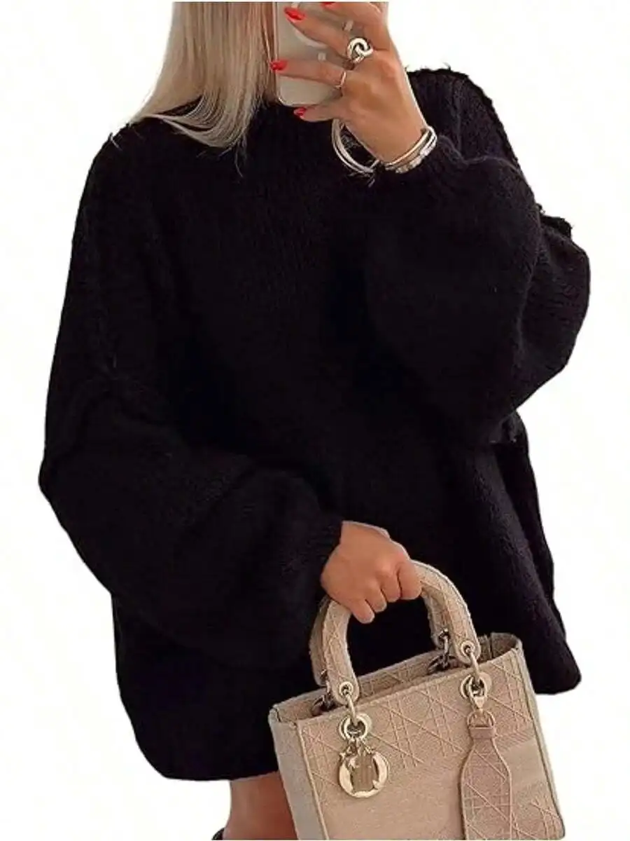 

Women's Oversized Pullover Sweaters Fall Winter Mock Neck Lantern Sleeve Crochet Casual Knitted Jumper Tops S