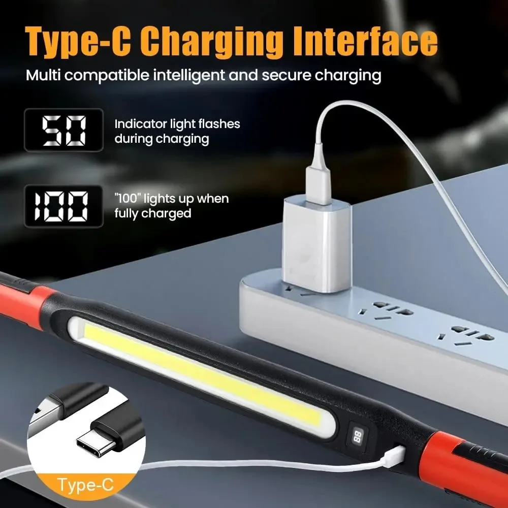 Powerful High Lumen COB Work Light for Car Emergency Repair, Rechargeable Magnetic LED Flashlight with Hooks and Magnetic Base