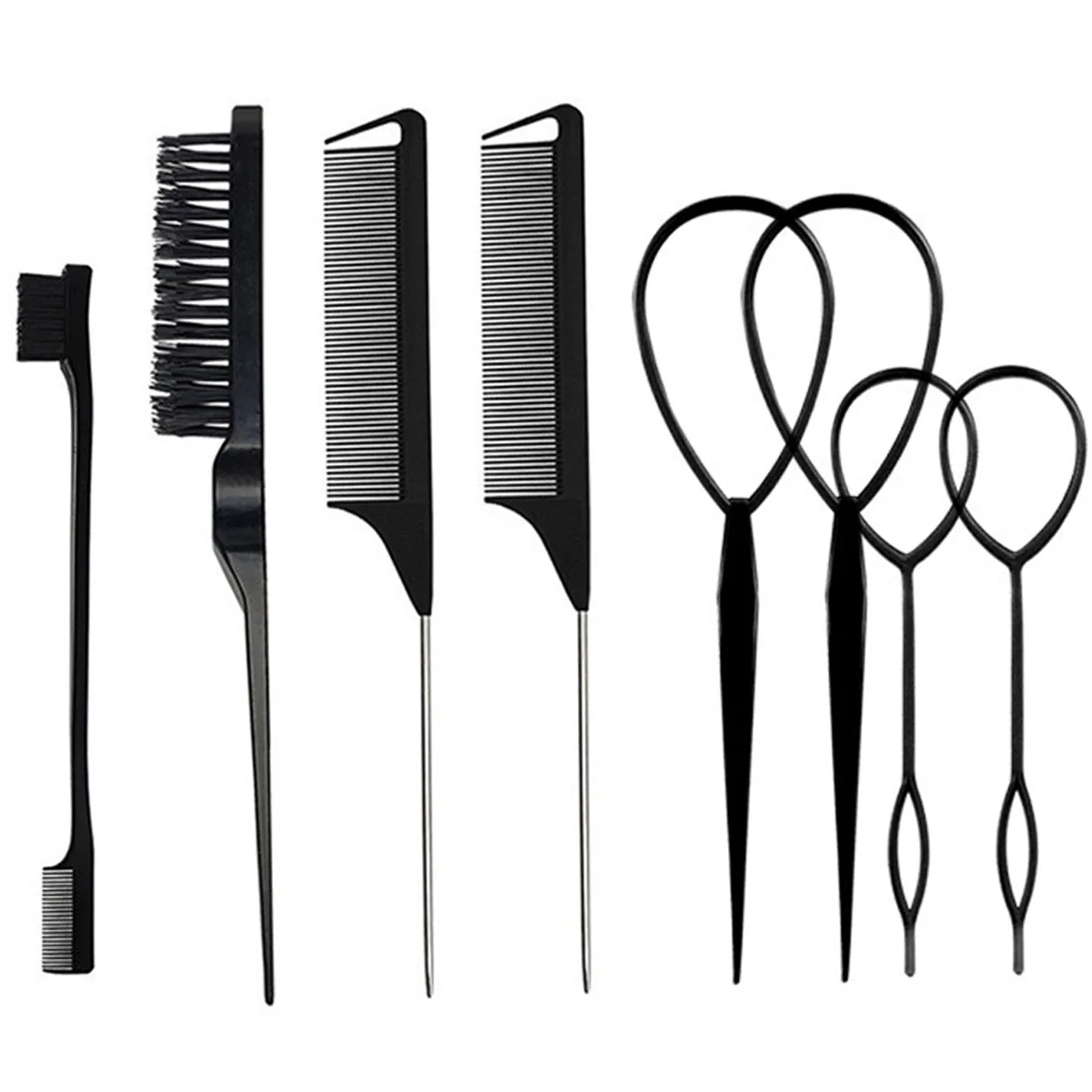 8Pcs Hair Brushes Set with 4Pcs Hair Tail Tools 1Pcs Bristle Teasing Brush 1Pcs Edge Control Brush 2Pcs Metal Pin Rat Tail Comb