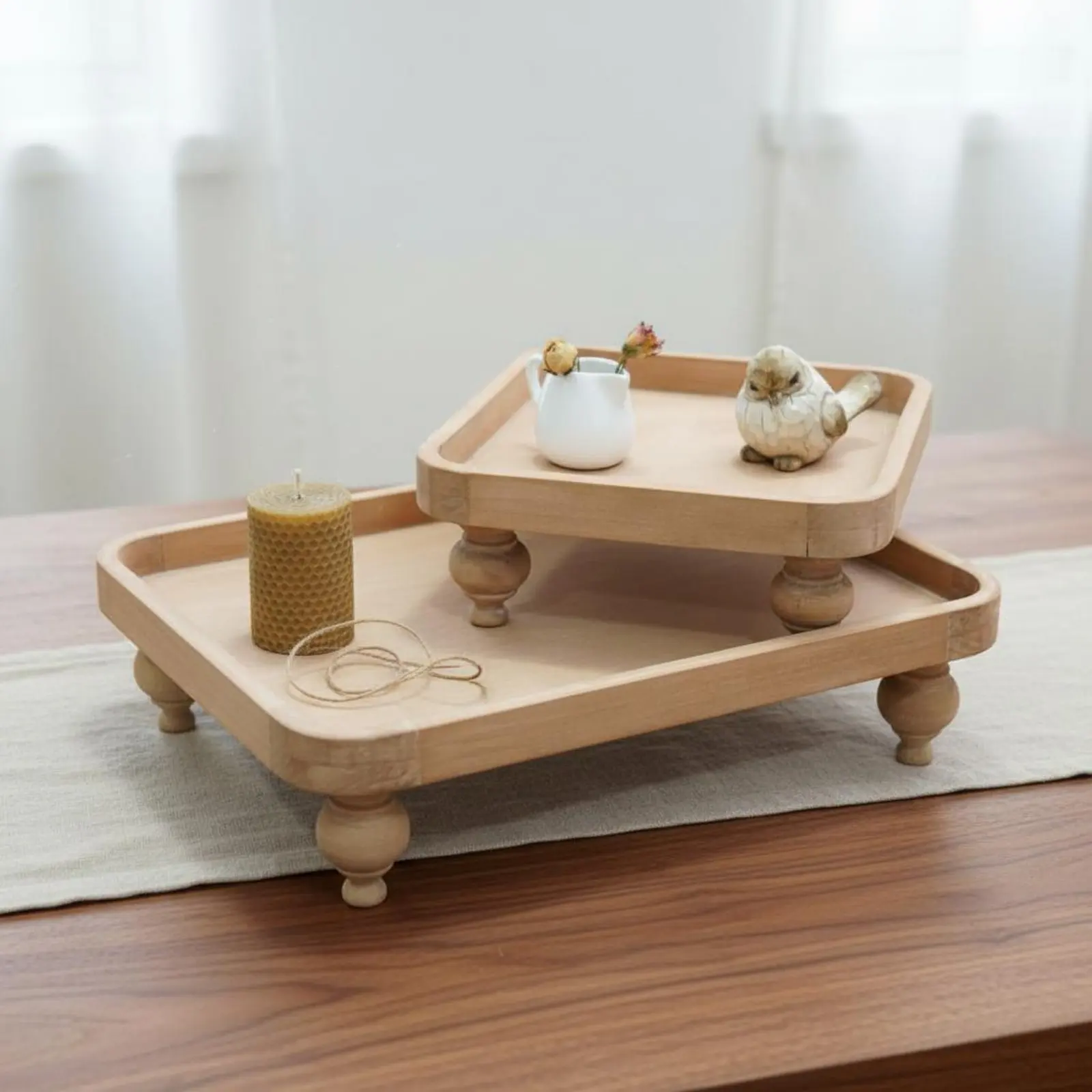 Wooden Pedestal Tray Dense Wood Footed Serving Platter Farmhouse Decorative Tray Versatile Home Decor Artisanal Look