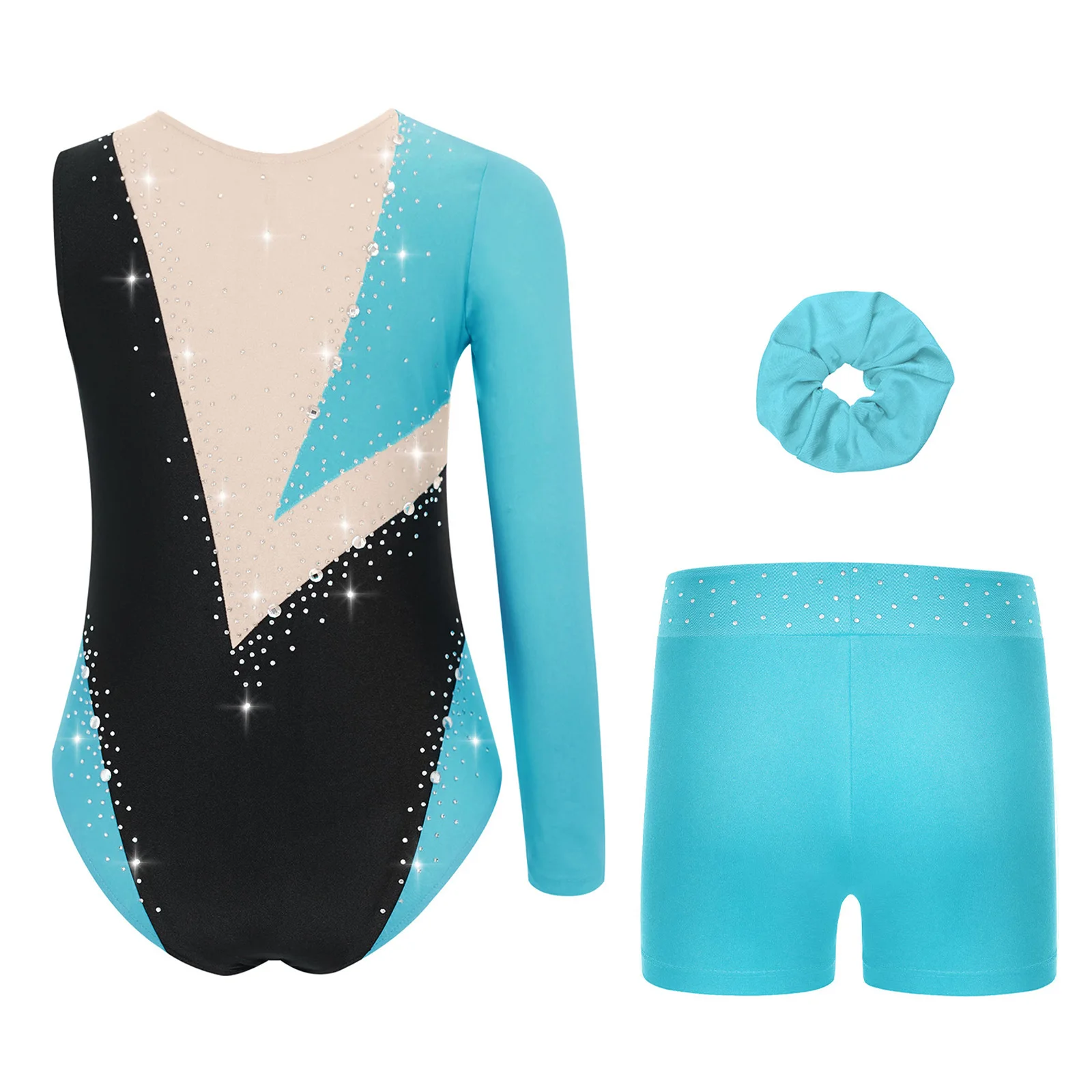 Kids Girls Ballet Dance Suit Gymnastics Jersey Shiny Rhinestones Leotard with Shorts Headwear Figure Skating Performance Outfit