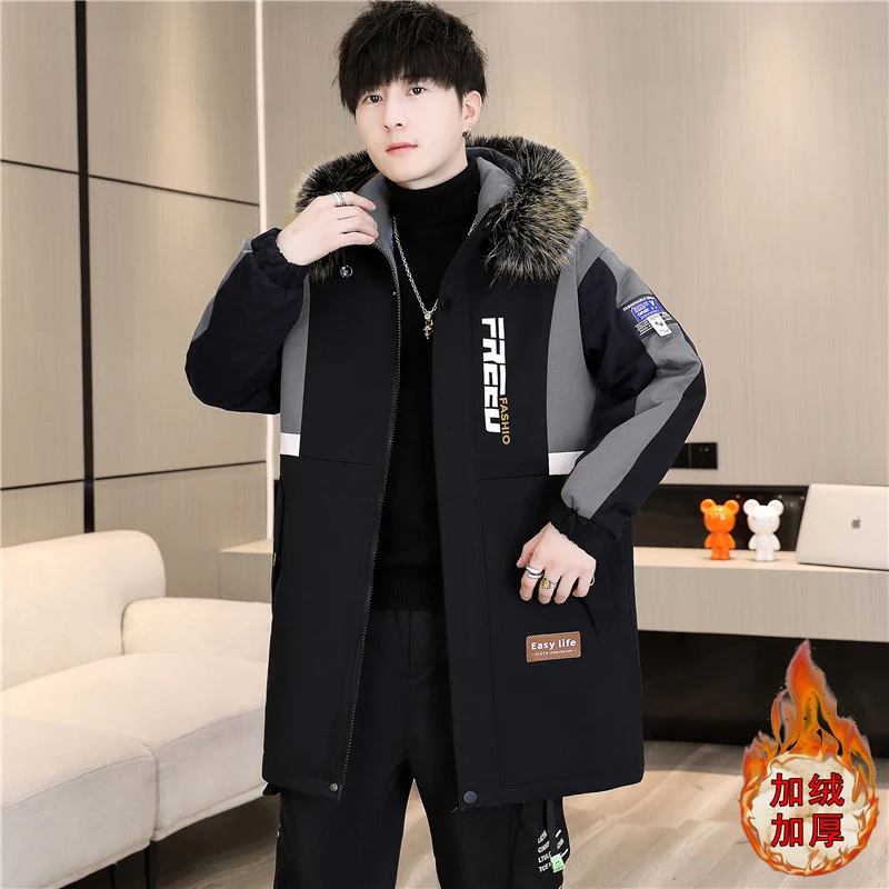 Fashion 2025 Winter Men\'s Warm Mid-Length Hooded Fleece Jackets Outwear Thicken Plush Coats Youth Windproof Top Parkas Clothing