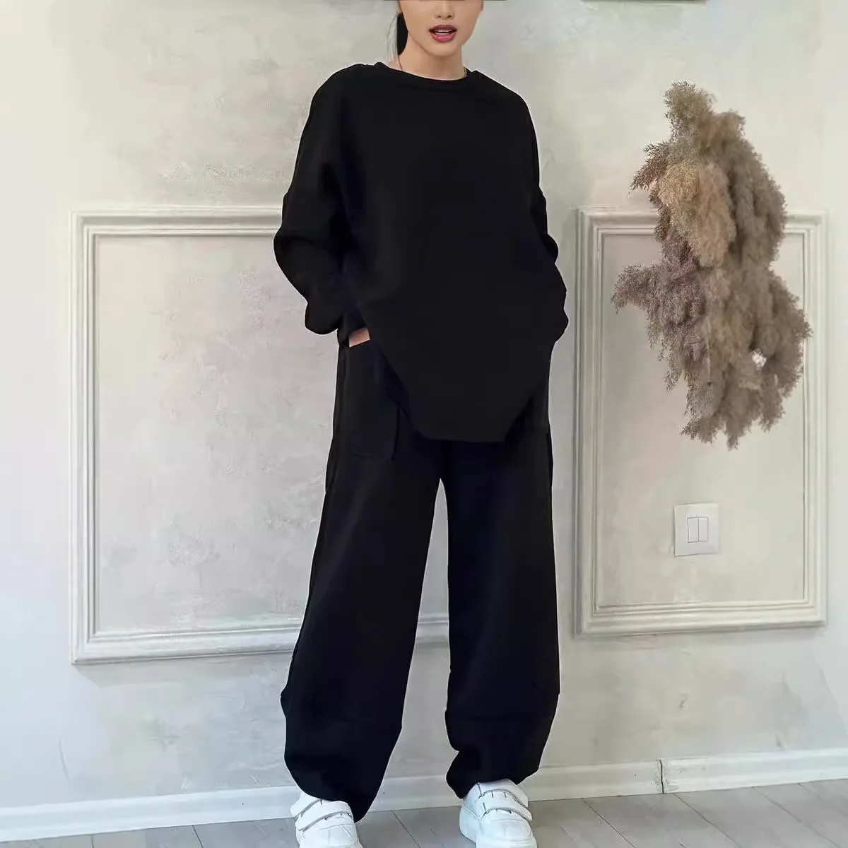 

Pantolon Setleri Спортивные брюки с круглым вырезом и длинными рукавами, однотонные + карманы, широкие спортивные брюки Trajes De Mujer Conjunto, комплект из 2 предметов Elegantes