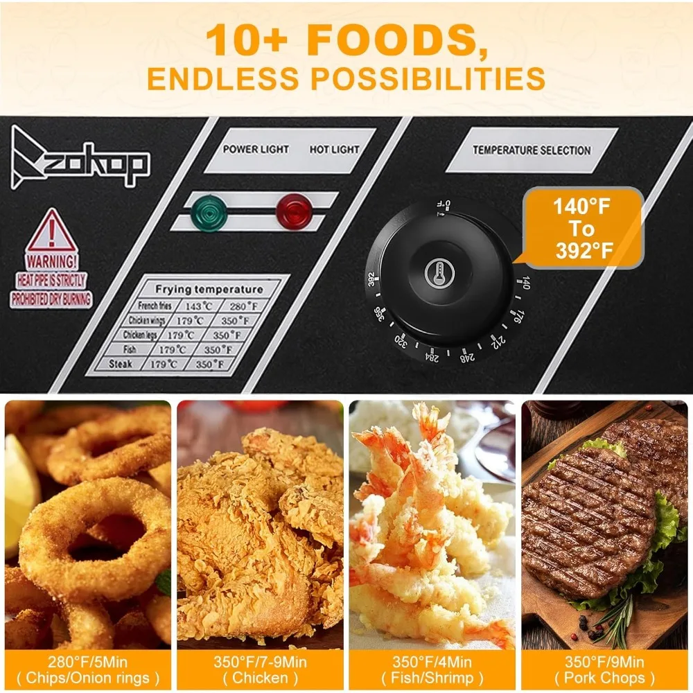 5000 Watt Fast Heating Commercial Deep Fryer, 25.4 Quart Double Tank Electric Fryer, Adjustable Temperature 140-392°F, Counterto