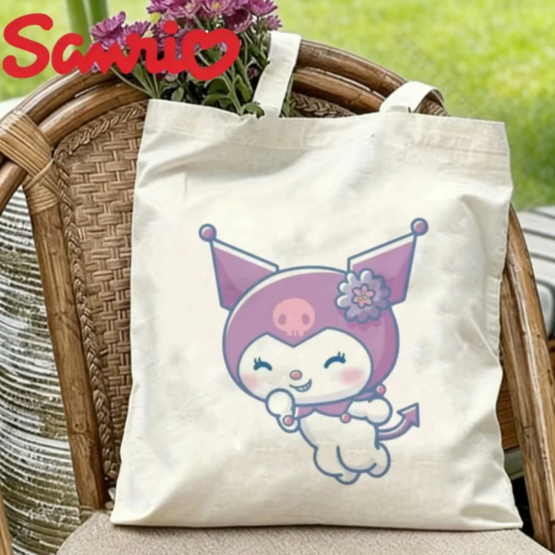 

1PC Sanrio Kuromi Canvas Tote Bag Double-sided Flower Print Eco-friendly Reusable Shoulder Bag