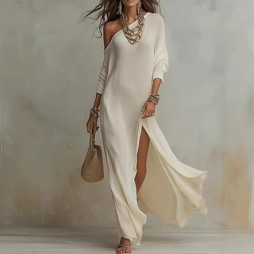 Women's Dress Elegant Long Sleeve Knit Pleated Slit Spring Summer Dresses