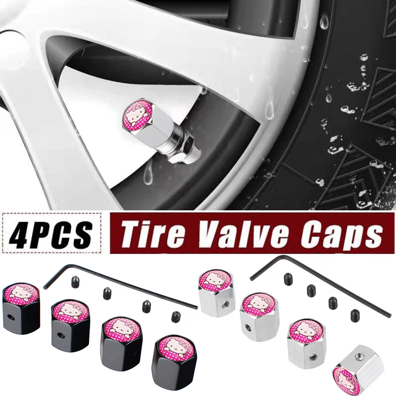 

4pcs Miniso Anime Cartoon Sanrio Hello Kitty Anti-Theft Car Wheel Tire Valve Stem Caps Air Covers For Audi BMW Dodge Ford Jeep