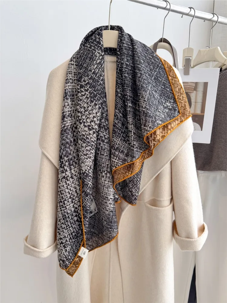 Orange silk real wool large square scarf checkered two-color air-conditioned room shawl