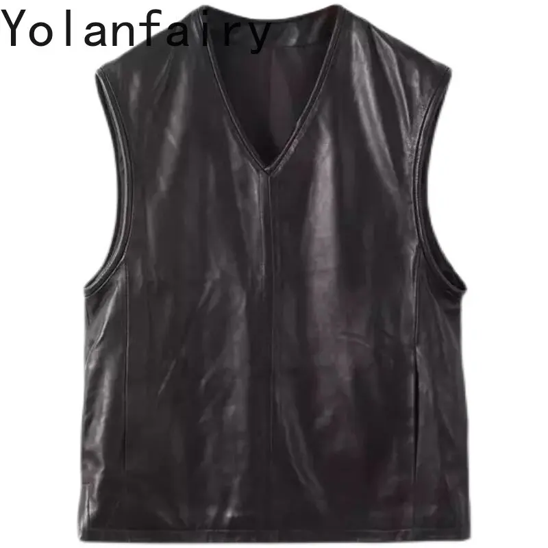 YOLANFAIRY Genuine Sheepskin Waistcoat Women Korean Style Sleeveless Jacket Autumn Mid-length Real Leather Vest V-neck Outerwear