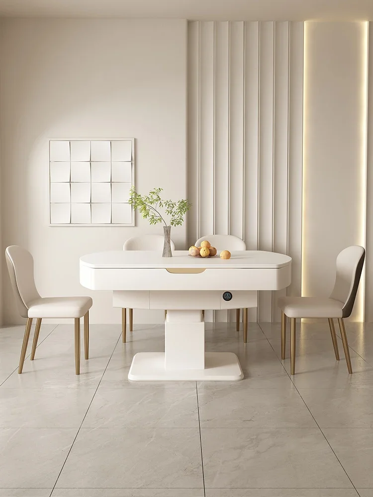 Electric Lifting Stone Plate Dining Table Double-Use Modern Telescopic Folding round Dining Table