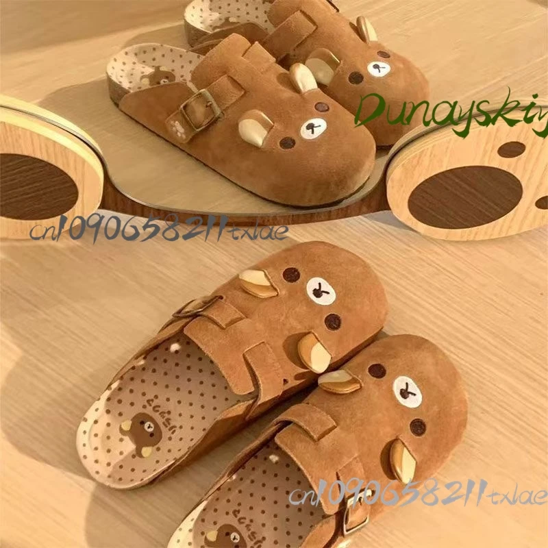 Y2k rilakkuma chinelos kawaii dos desenhos animados anime japão todo incluído camurça de vaca interior casa plana anti deslizamento respirável casal chinelos