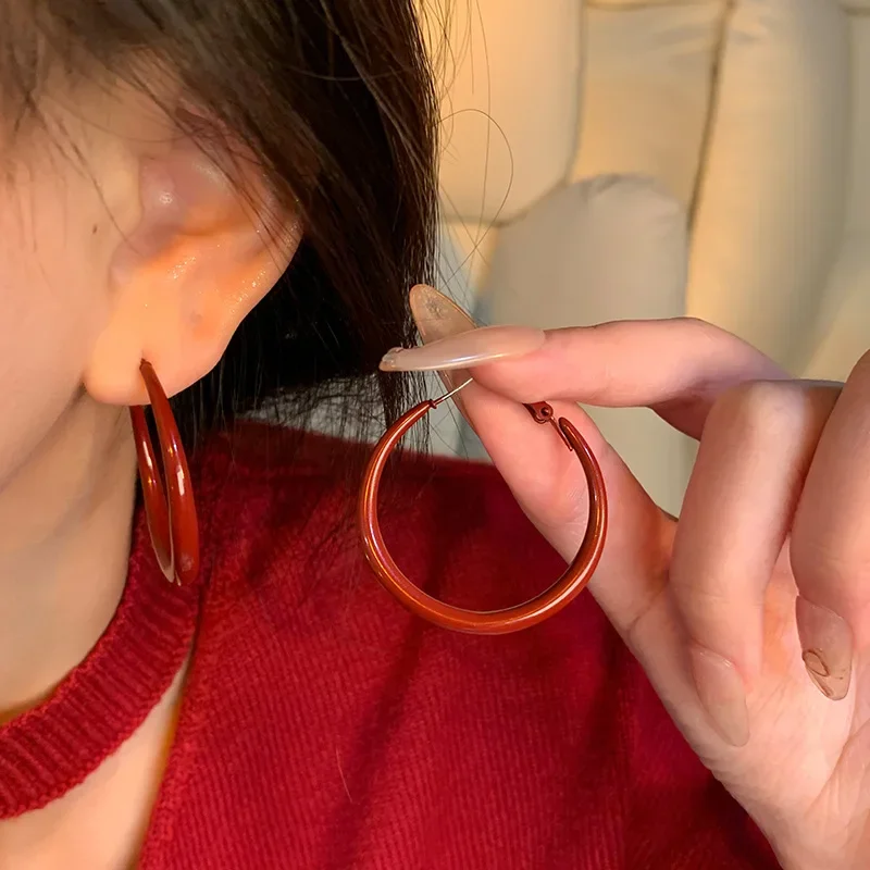 Charm Trendy Wine Red Color Geometric Circle Hoop Earrings for Women Exaggerate Big Korea Earring Bride Jewelry Accessories Gift