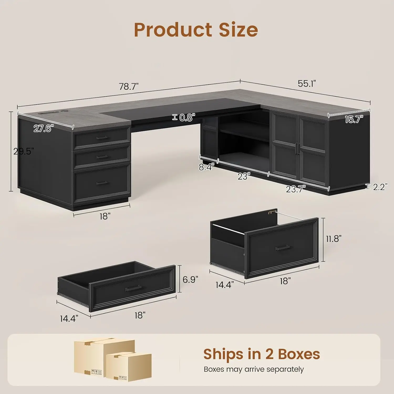 L Shaped Executive Desk with Charging Station File Drawers Storage Cabinet CPU Stand Home Office Computer Desk 78.7