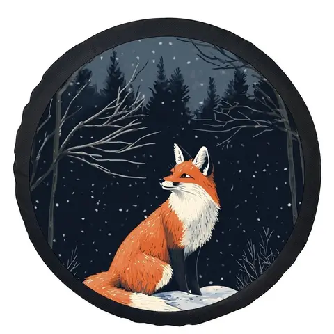 Single Piece Winter-Themed Tire Cover Featuring A Fox In A Snowy Forest, Stylish Universal Fit For Wheel Protection, Compatible