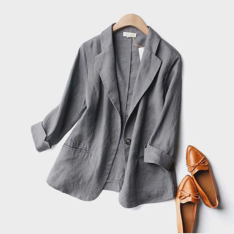 SpringSummer Women Three-Quarter Sleeves Suit Solid Fashion Cotton Linen Coat Turn-Down Collar Blazer Jacket Pockets Lady Tops