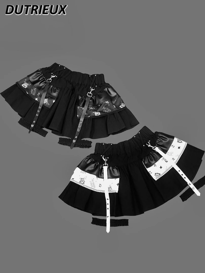 

Summer Elastic Waist All-Matching Short Skirt Hot Cool Girl Punk Pleated Pu Stitching Printing Rivet High Waistes Mini Skirts