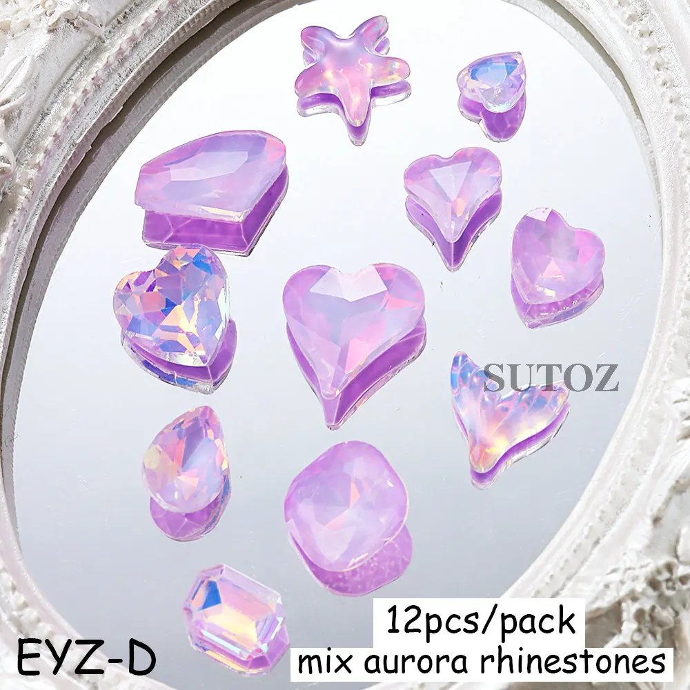 12Pcs Aurora Crystal Nail Charms Blue Purple Mermaid Heart Star Rhinestones Iridescent Clear Jewely Korean Manicure Decos LEBEYZ