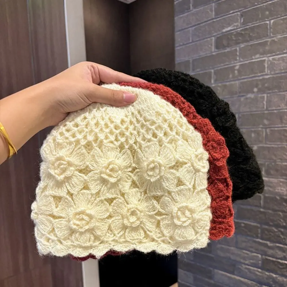 Japanese Double Layer Handmade Knitted Hat 3D Flower Hollow Flower Pullover Hat Warm Sweet Yarn Winter Hat For Women