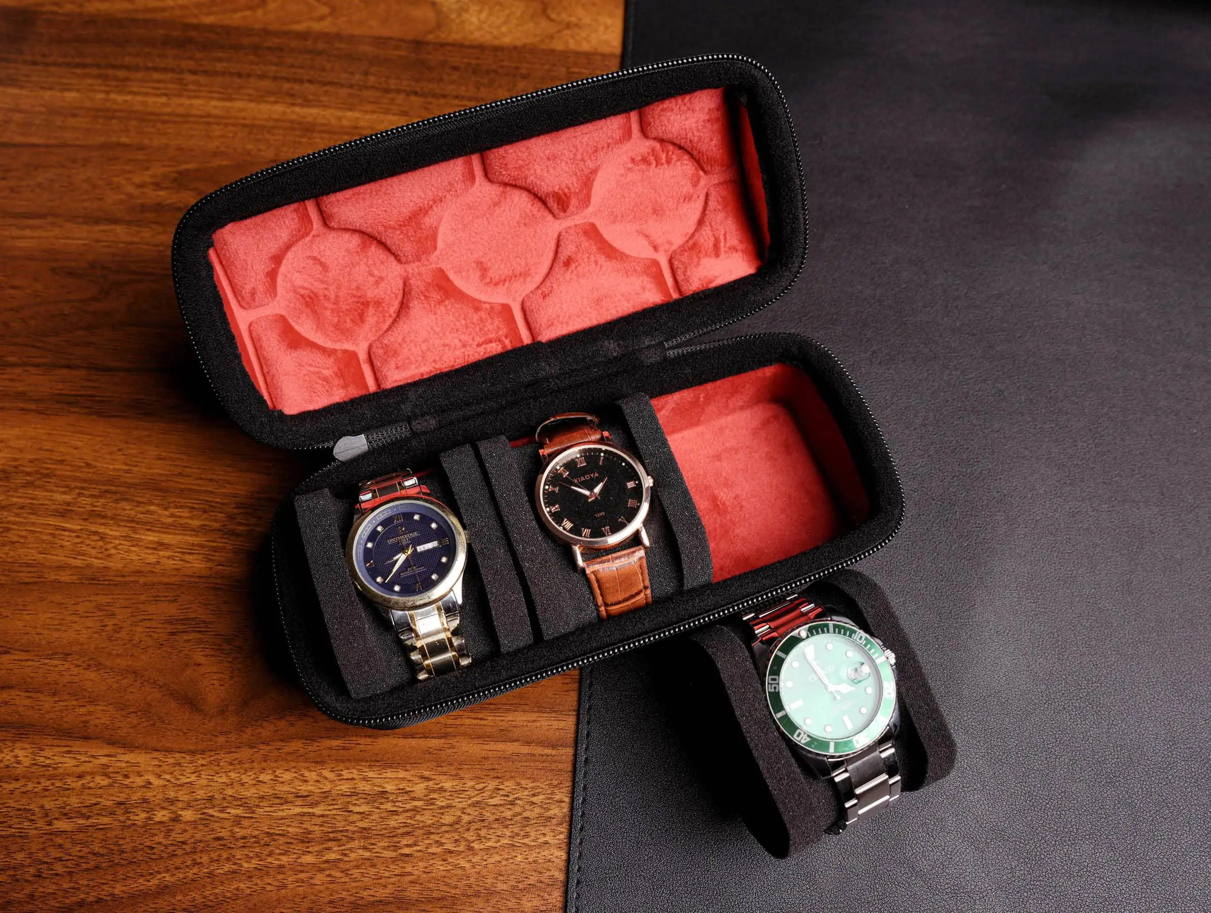 2/3/5 Slots Watch Travel Case,Hard Watch Roll, Travel Watch Organizer Case with Form-Fitting Pillow, Red Microfiber Lining
