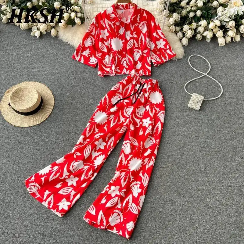 

HKSH Summer New Women's Tide Vacation Style Printed Short Sleeved Shirt Casual Straight Wide Leg Long Pants Two-piece Set HK6020