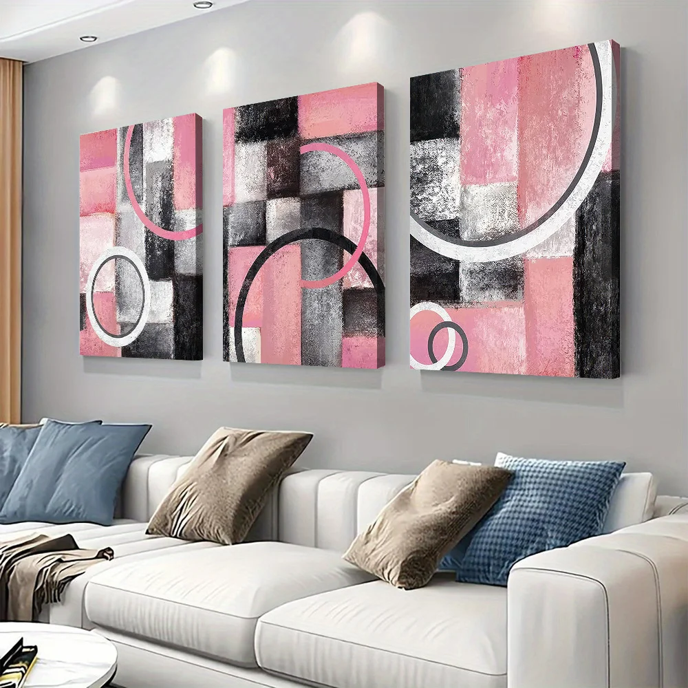 3-piece set of modern abstract geometric canvas hanging paintings, pink, gray, black, circular, square patterns, Nordic minimali