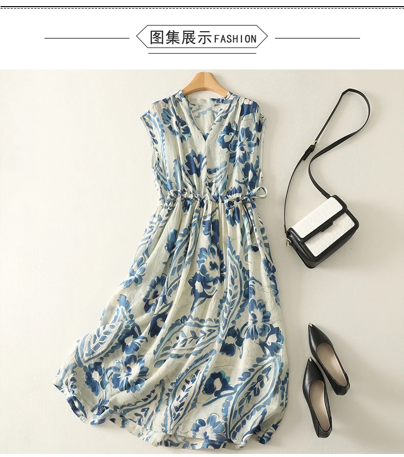 الصيف طباعة الأزهار القطن الكتان الخامس الرقبة فستان المرأة الرجعية الدانتيل يصل أنيقة أكمام عادية فضفاض عطلة رداء طويل F06