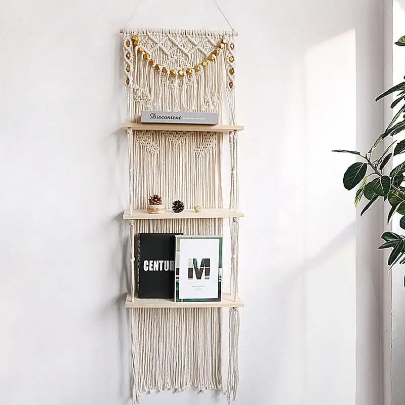 Macrame Plant Hanger Shelf 3 Tire Macrame Plant Decor Shelf Indoor Outdoor Floating Wood Shelve Decorative Boho Shelf