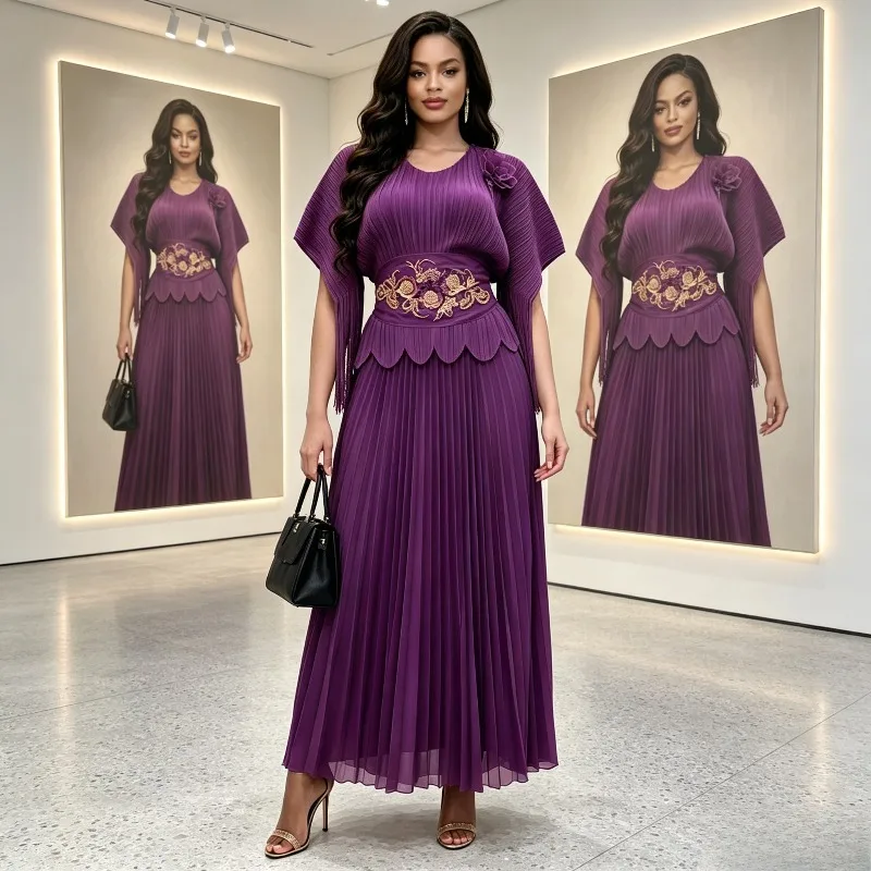 Miyake Pleated New Beaded Round Neck Short Sleeve Solid Color Tie Elegant Top and Pleated Skirt 2-Piece Set Plus Size Women
