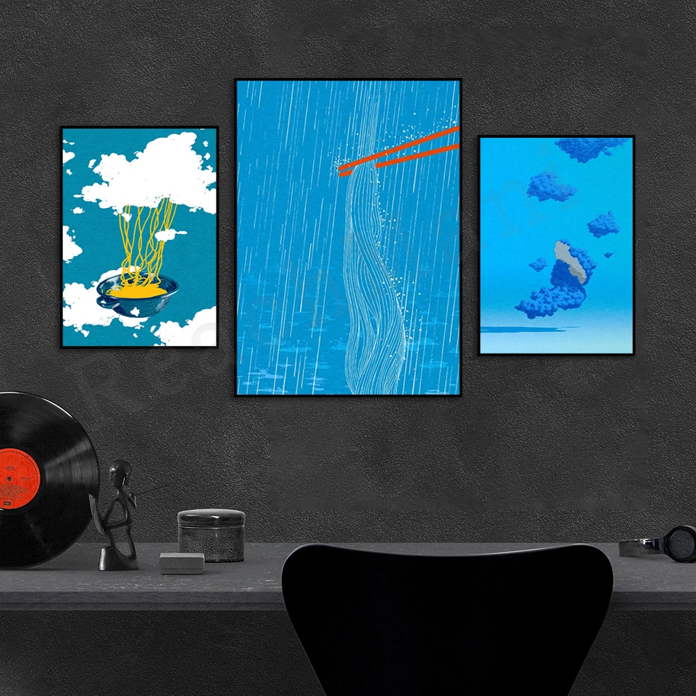 Artistic noodles and chopsticks raining down, symbolic cloud prints, surrealist themes, minimalist dreamlike scene posters.