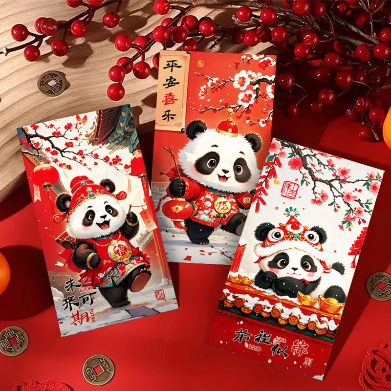 6PCS Chinese Style New Year Red Envelope Creative Cartoon Cute Panda Chinese New Year\'s Eve Wallet Greetings And Gift Giving Set