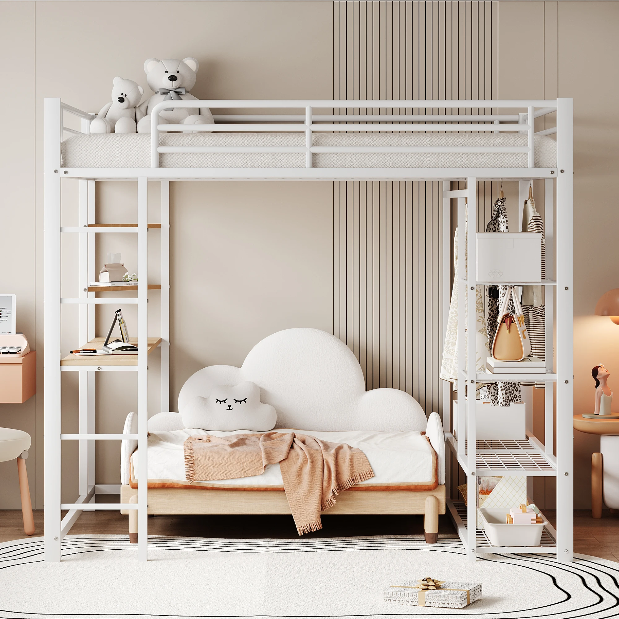 KOMHTOM Metall Hochbett mit Leiter Juniorbett Doppelbett inklusive Tisch mit einfachen Kleiderbügeln und Ablagefächern