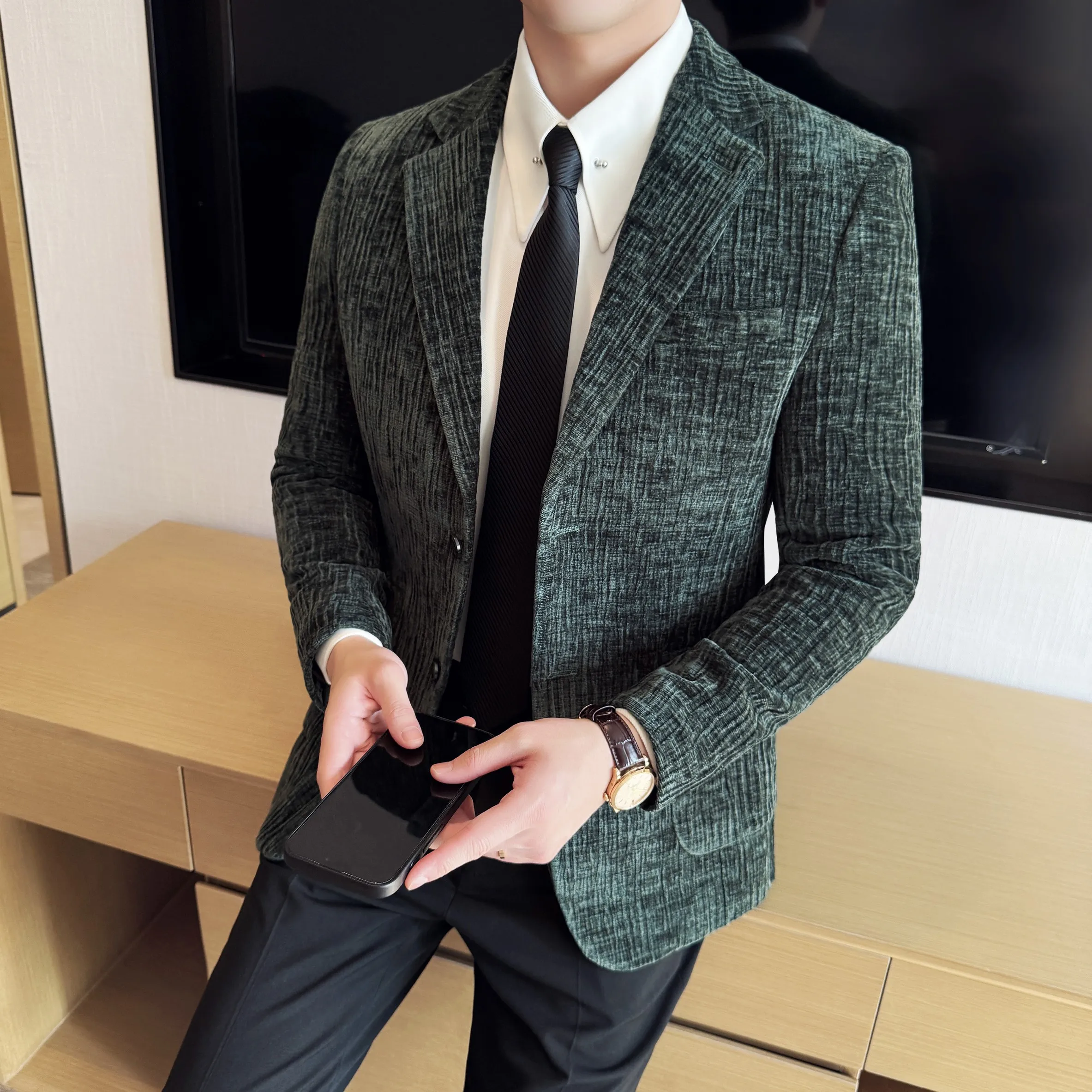 

2025 Winter Chenier Thick Suit Jacket for Men Korean Slim Fit Casual Business Men Blazers Wedding Groom Office Social Dress Coat