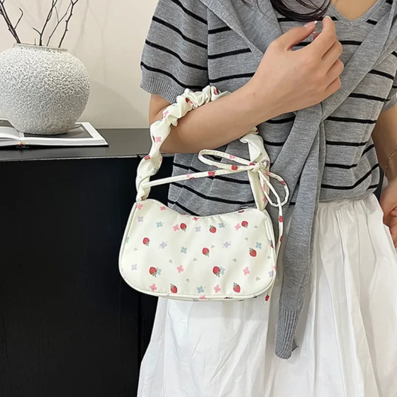 Women Handbag Cute Strawberry Print Little Tote Underarm Bag Half Moon Design Eco Cloth Purse Drawstring Mini Shoulder Bags